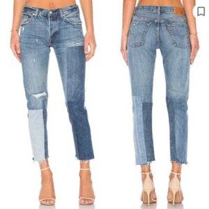 Levis women US 28 x 27 multicolor blue jeans 501 button fly patchwork raw hem